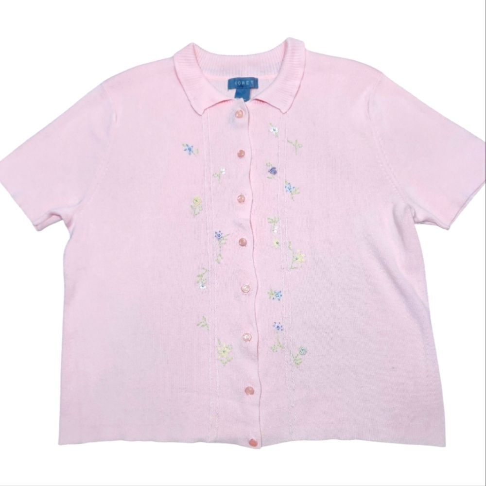 Vintage 90s Sweater Cardigan Embroidered Flowers Floral Soft Baby Pink Cottage S